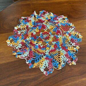 VINTAGE * Unusual Handmade RED BLUE YELLOW WHITE Crochet DOILY * by my grandma